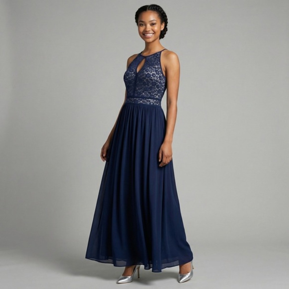 Morgan & Co Navy Lace Halter Maxi Prom Dress Keyhole Lace Up Back Juniors 15